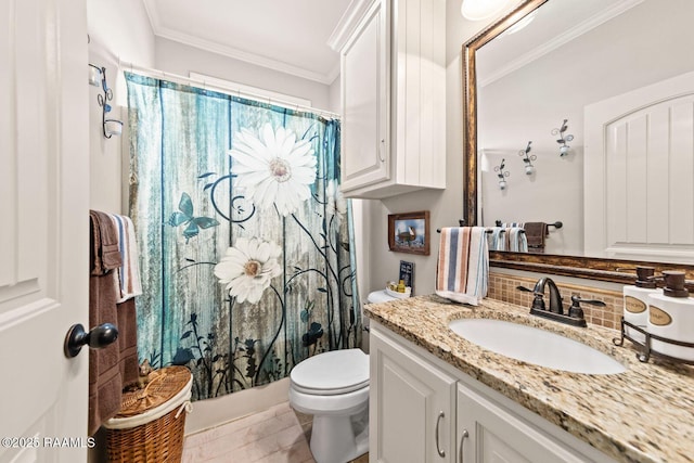 1181 Grand Loop, Breaux Bridge, LA 70517 - bathroom featuring vanity, backsplash, ornamental molding, and shower / bath combo with shower curtain