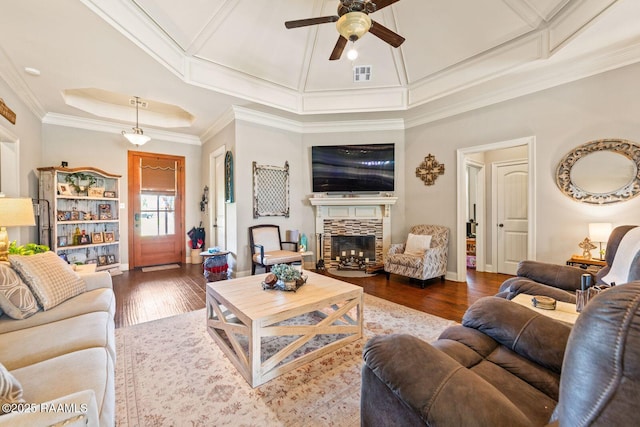 1181 Grand Loop, Breaux Bridge, LA 70517 - living area with a ceiling fan, ornamental molding, wood finished floors, and a fireplace with flush hearth