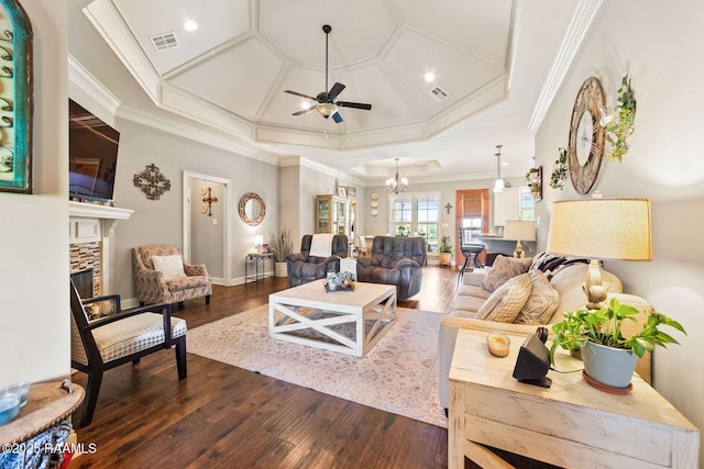 1181 Grand Loop, Breaux Bridge, LA 70517 - living room with coffered ceiling, ceiling fan, crown molding, a fireplace, and dark wood-type flooring