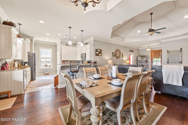 1181 Grand Loop, Breaux Bridge, LA 70517 - dining area with a ceiling fan, ornamental molding, coffered ceiling, recessed lighting, and hardwood / wood-style floors