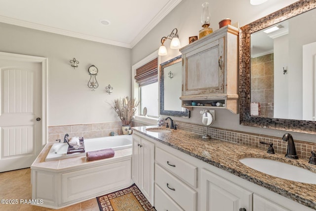 1181 Grand Loop, Breaux Bridge, LA 70517 - bathroom with ornamental molding, double vanity, a bath, backsplash, and tile patterned flooring