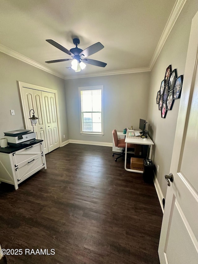 7421 W Congress St, Duson, LA 70529 - office featuring a ceiling fan, dark wood finished floors, and ornamental molding