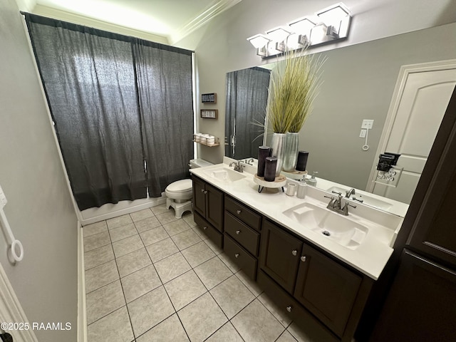 7421 W Congress St, Duson, LA 70529 - bathroom featuring double vanity, tile patterned floors, ornamental molding, and shower / tub combo with curtain