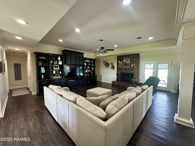 7421 W Congress St, Duson, LA 70529 - living room with crown molding, ceiling fan, a fireplace, dark wood finished floors, and recessed lighting
