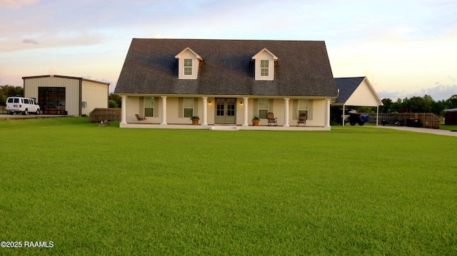 7421 W Congress St, Duson, LA 70529 - rear view of property with a lawn, an outdoor structure, covered porch, an outbuilding, and roof with shingles