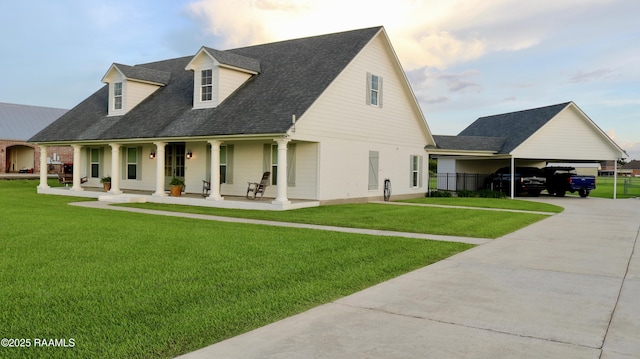 7421 W Congress St, Duson, LA 70529 - view of front facade with concrete driveway, a porch, a shingled roof, a front lawn, and an attached carport