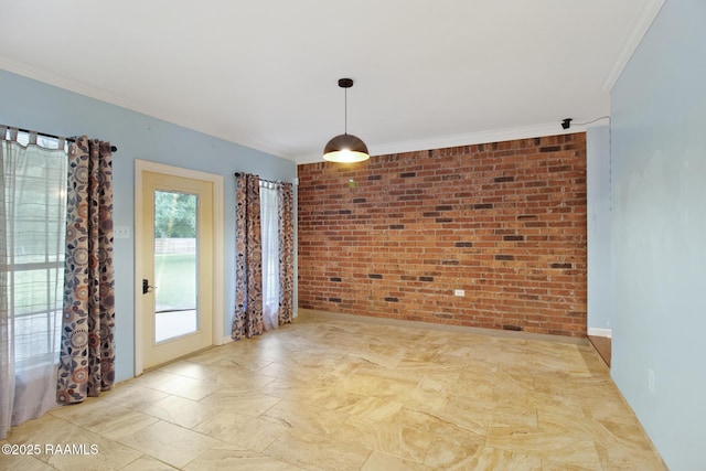 1034 Hollow Oaks Rd, Breaux Bridge, LA 70517 - empty room featuring brick wall, crown molding, and stone finish floors