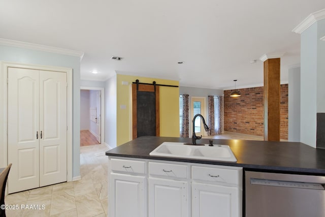 1034 Hollow Oaks Rd, Breaux Bridge, LA 70517 - kitchen featuring stainless steel dishwasher, dark countertops, crown molding, white cabinetry, and light marble finish flooring