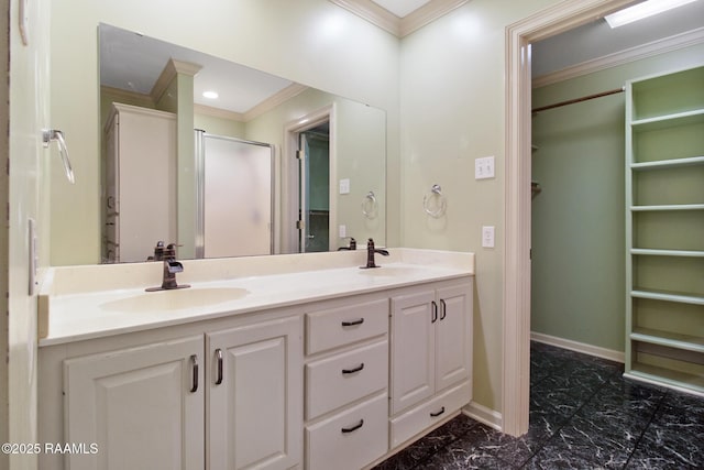 1034 Hollow Oaks Rd, Breaux Bridge, LA 70517 - bathroom with crown molding, double vanity, a shower stall, a walk in closet, and marble finish flooring