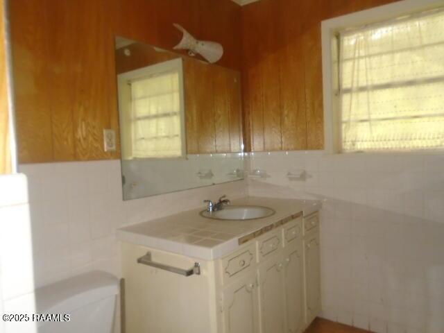 1248 N Portage Rd, Arnaudville, LA 70512 - bathroom featuring vanity, plenty of natural light, tile walls, and tasteful backsplash
