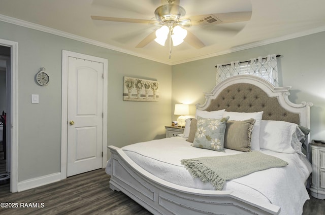 411 Donald St, New Iberia, LA 70563 - bedroom with dark wood-style floors, ornamental molding, and a ceiling fan