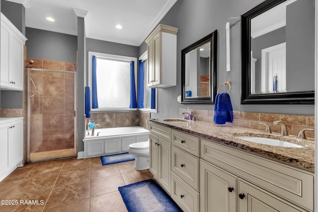 103 Cane Creek Dr, Broussard, LA 70518 - bathroom with double vanity, a stall shower, a bath, crown molding, and tile patterned flooring