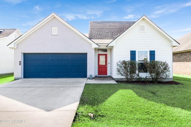 202 Saint Matthias Dr, Carencro, LA 70520 - ranch-style house with driveway, a shingled roof, a front yard, and an attached garage
