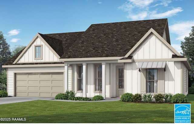 203 Fillmore Way, Lafayette, LA 70506 - modern inspired farmhouse featuring board and batten siding, a garage, roof with shingles, a front lawn, and driveway