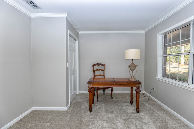 office space with light carpet and crown molding