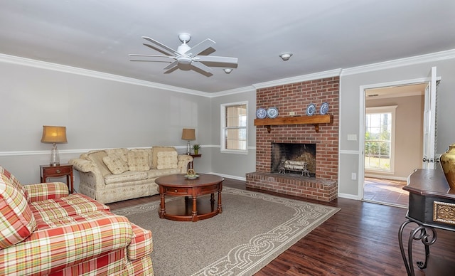 living room with a fireplace, ceiling fan, dark hardwood / wood-style flooring, and crown molding