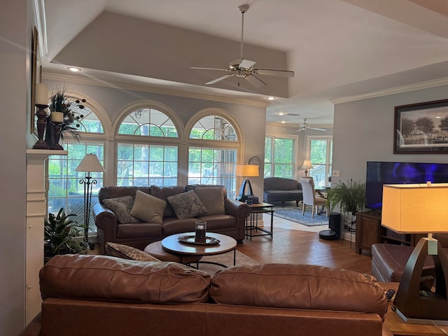 2451 Lake Douglas Rd, Bainbridge, GA 39819 - living room with a ceiling fan, crown molding, recessed lighting, and wood finished floors