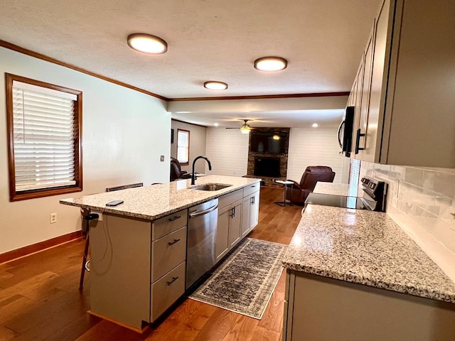 kitchen with crown molding, a fireplace, stainless steel appliances, and a sink