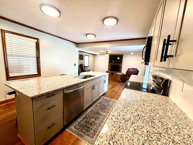 kitchen featuring dark wood-style flooring, stainless steel appliances, crown molding, a fireplace, and a sink