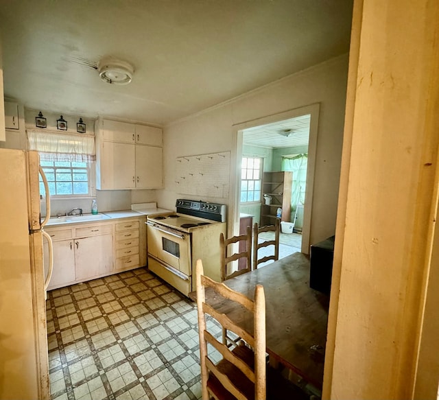 kitchen featuring decorative backsplash, white cabinetry, and white appliances