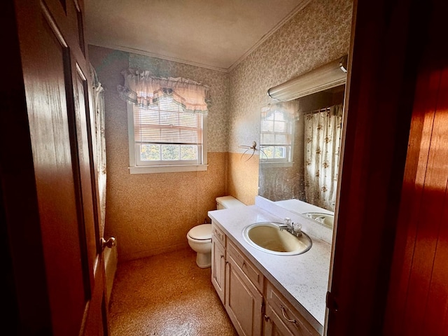 bathroom with vanity, toilet, and crown molding