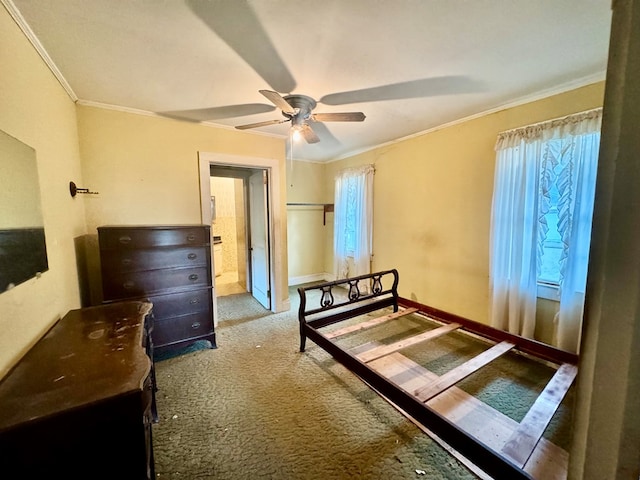 carpeted bedroom featuring ceiling fan, crown molding, and multiple windows