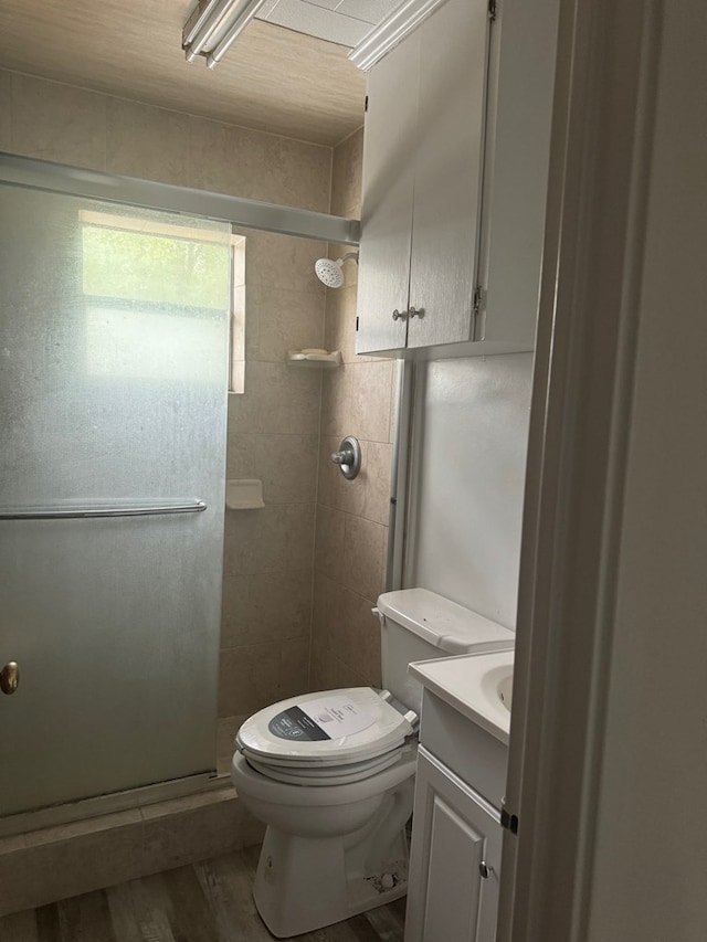 bathroom with vanity, hardwood / wood-style flooring, toilet, and a shower with door