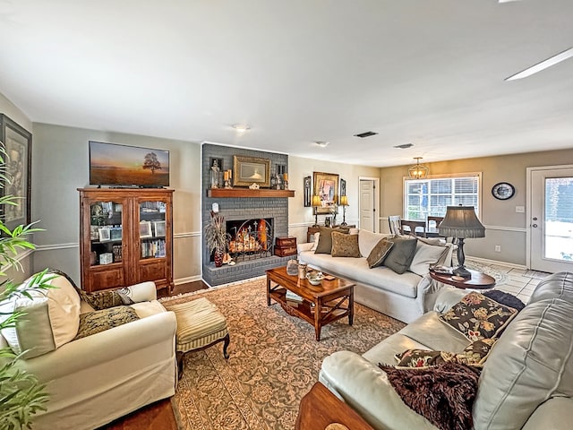 living room featuring a fireplace