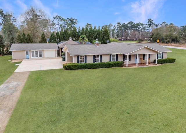 single story home featuring a front lawn and covered porch