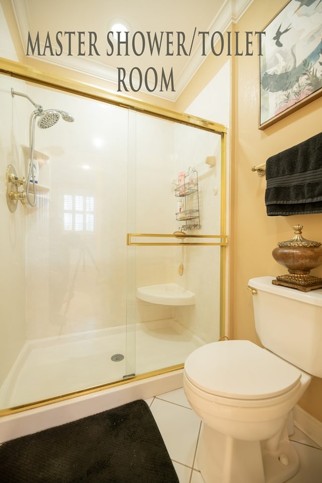 bathroom featuring toilet, a stall shower, and tile patterned floors