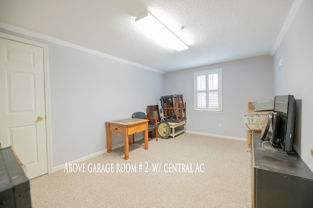 office area featuring carpet floors, ornamental molding, a textured ceiling, and baseboards