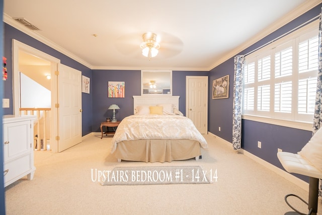 bedroom featuring light carpet, baseboards, visible vents, a ceiling fan, and crown molding