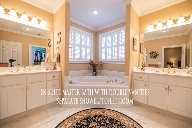 full bath with crown molding, a sink, a bath, and tile patterned floors