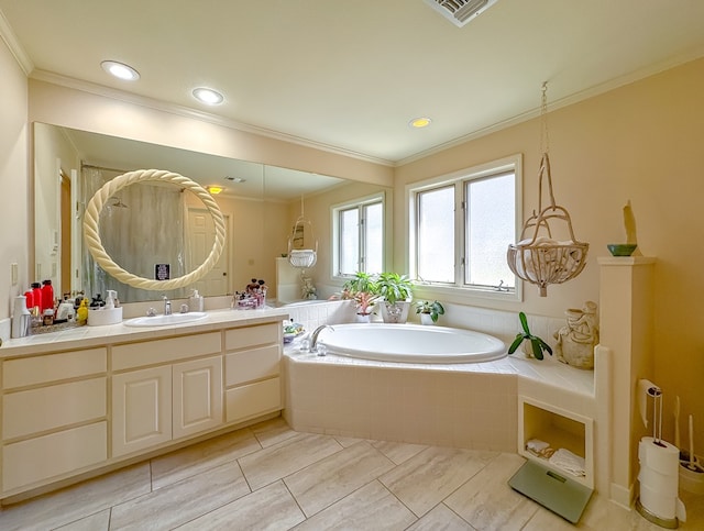 full bathroom with visible vents, a garden tub, crown molding, vanity, and recessed lighting