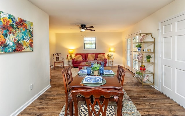 dining space featuring dark hardwood / wood-style flooring, a wealth of natural light, and ceiling fan