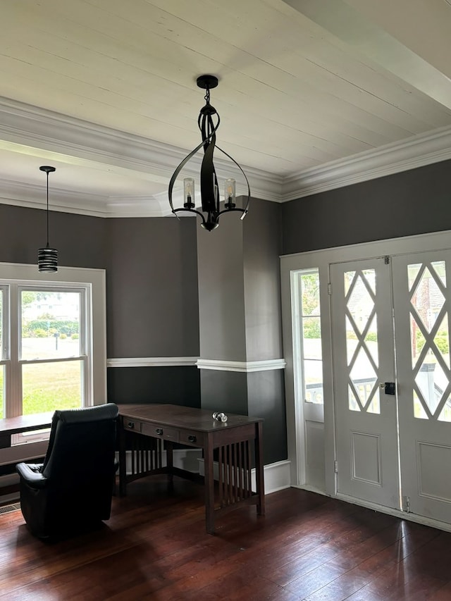 dining space with ornamental molding, dark wood-type flooring, a notable chandelier, and wood ceiling