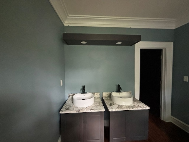 bathroom with hardwood / wood-style flooring, vanity, and ornamental molding