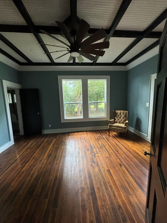 unfurnished room with beamed ceiling, dark hardwood / wood-style flooring, ceiling fan, and coffered ceiling