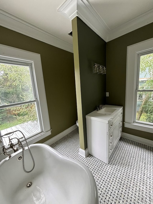 bathroom featuring vanity, plenty of natural light, and crown molding