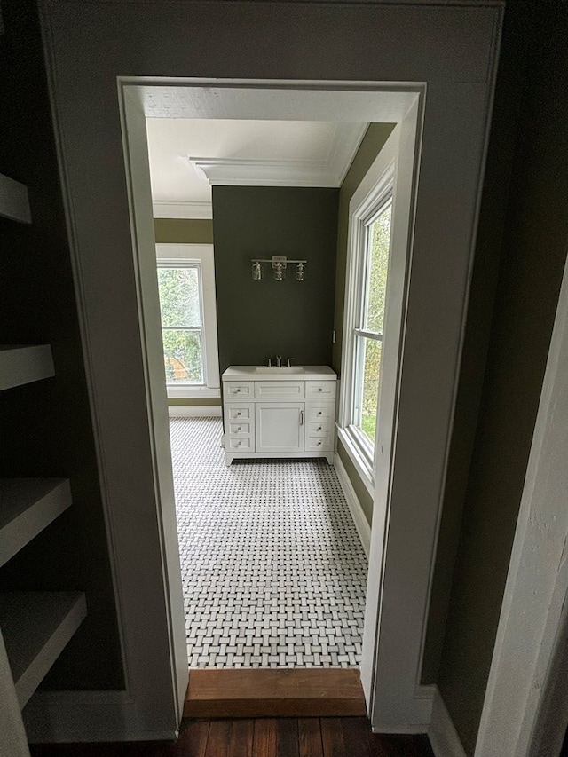 corridor with ornamental molding, sink, and a wealth of natural light