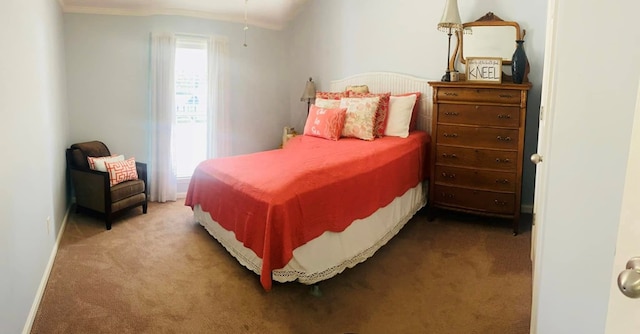 bedroom featuring carpet and ornamental molding