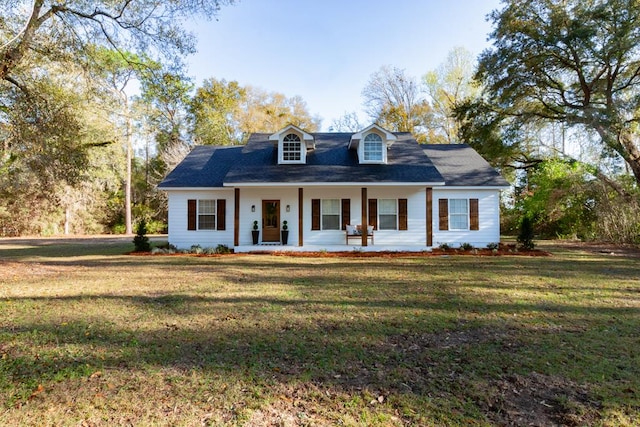 new england style home featuring a porch and a front yard