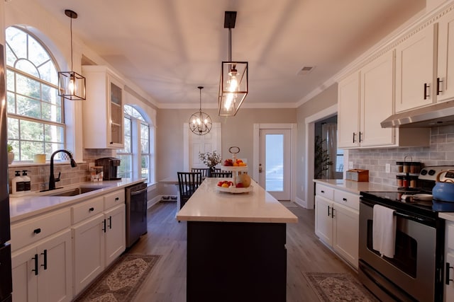 kitchen featuring under cabinet range hood, a sink, a kitchen island, appliances with stainless steel finishes, and an inviting chandelier