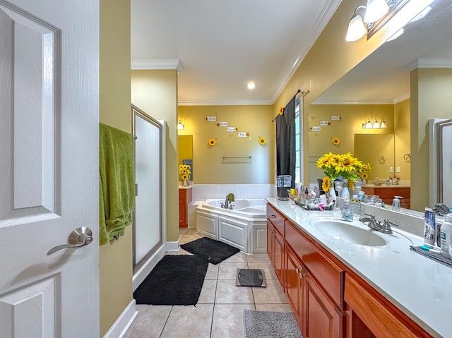 bathroom featuring ornamental molding, independent shower and bath, tile patterned flooring, and vanity