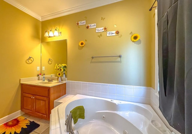 bathroom with vanity, crown molding, tile patterned floors, and tiled bath