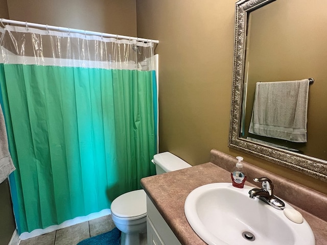 bathroom featuring tile patterned flooring, vanity, toilet, and a shower with curtain