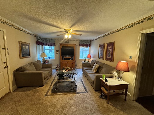 1001 Hall St, Bainbridge, GA 39819 - carpeted living area featuring a ceiling fan, a textured ceiling, and crown molding