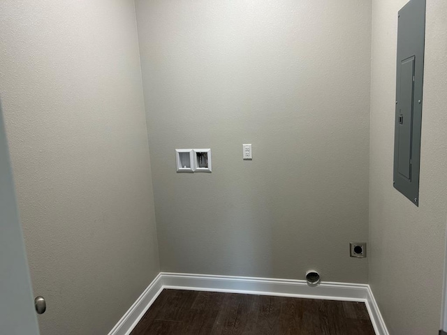 clothes washing area with electric dryer hookup, hookup for a washing machine, electric panel, and dark hardwood / wood-style floors