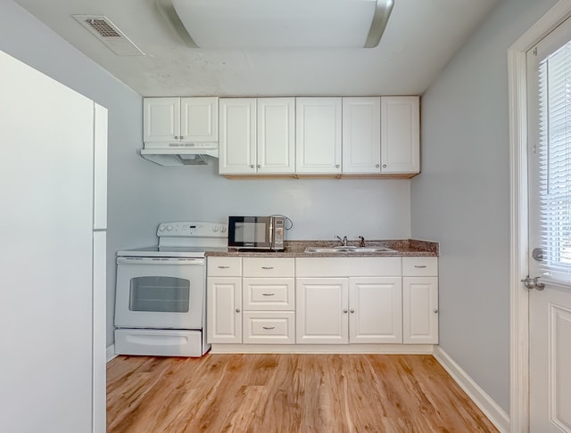 kitchen with sink, white electric stove, white cabinetry, and light hardwood / wood-style floors