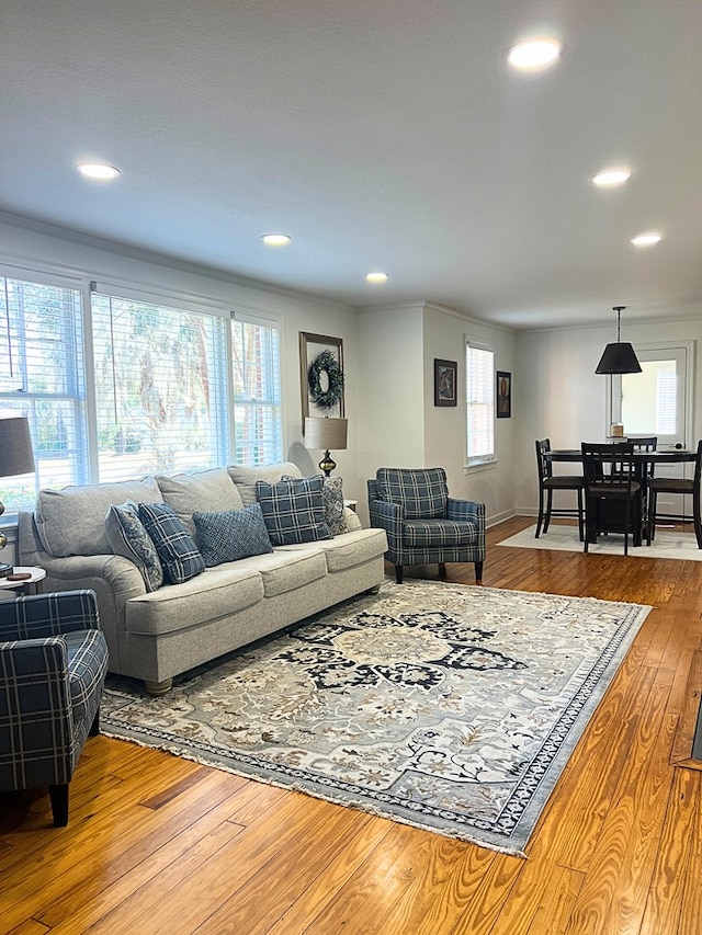 living room featuring crown molding and light wood-type flooring